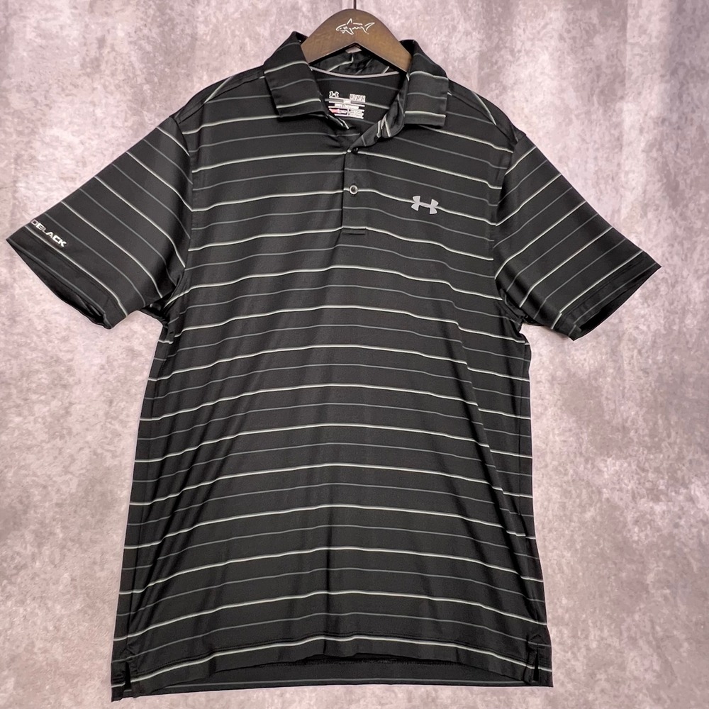 Under Armour Polo Shirt Mens Medium Black Striped Coldblack HeatGear 1287384-001 - Picture 2 of 10